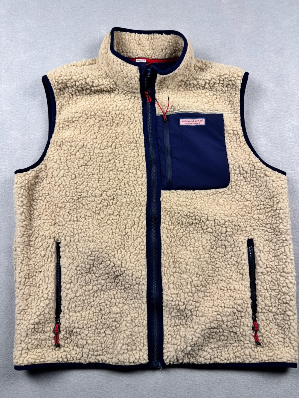 Vineyard Vines Vest Mens XL Cream Sherpa Navy Full Zip Pockets Outdoor Collared